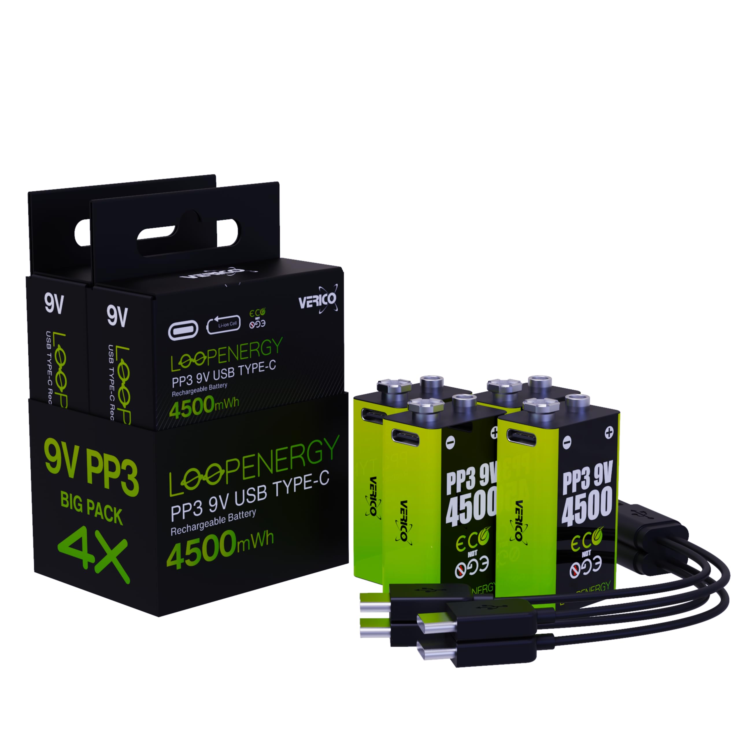 VERICO LoopEnergy - Confezione da 4 blocchi da 9 V, PP3, 4500 mWh, batterie ricaricabili USB-C agli ioni di litio, 2 cavi di ricarica USB tipo A a 2 tipi C