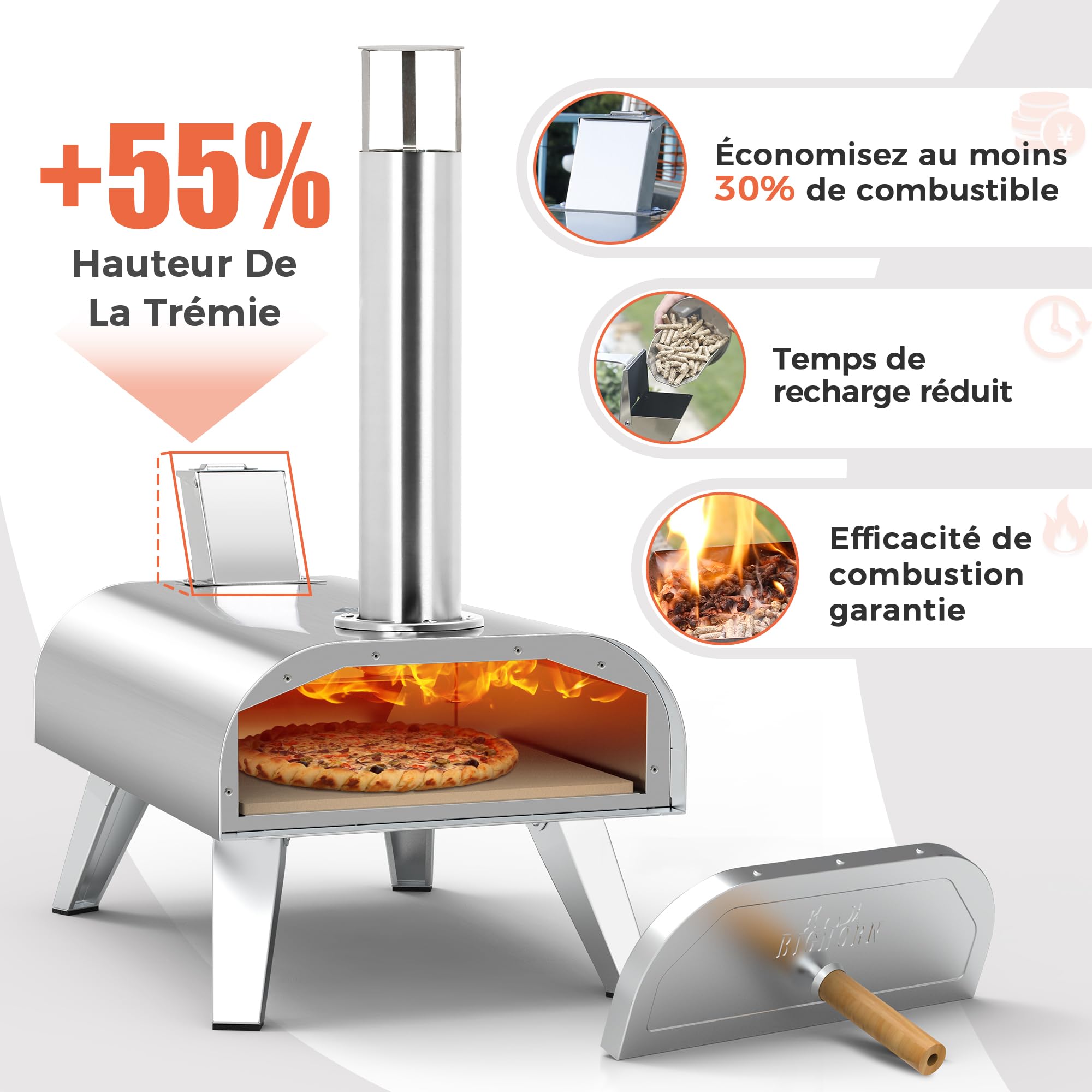 BIG HORN OUTDOORS Four à pizza à granulés de bois 30,5 cm - Acier inoxydable - Portable - Argenté