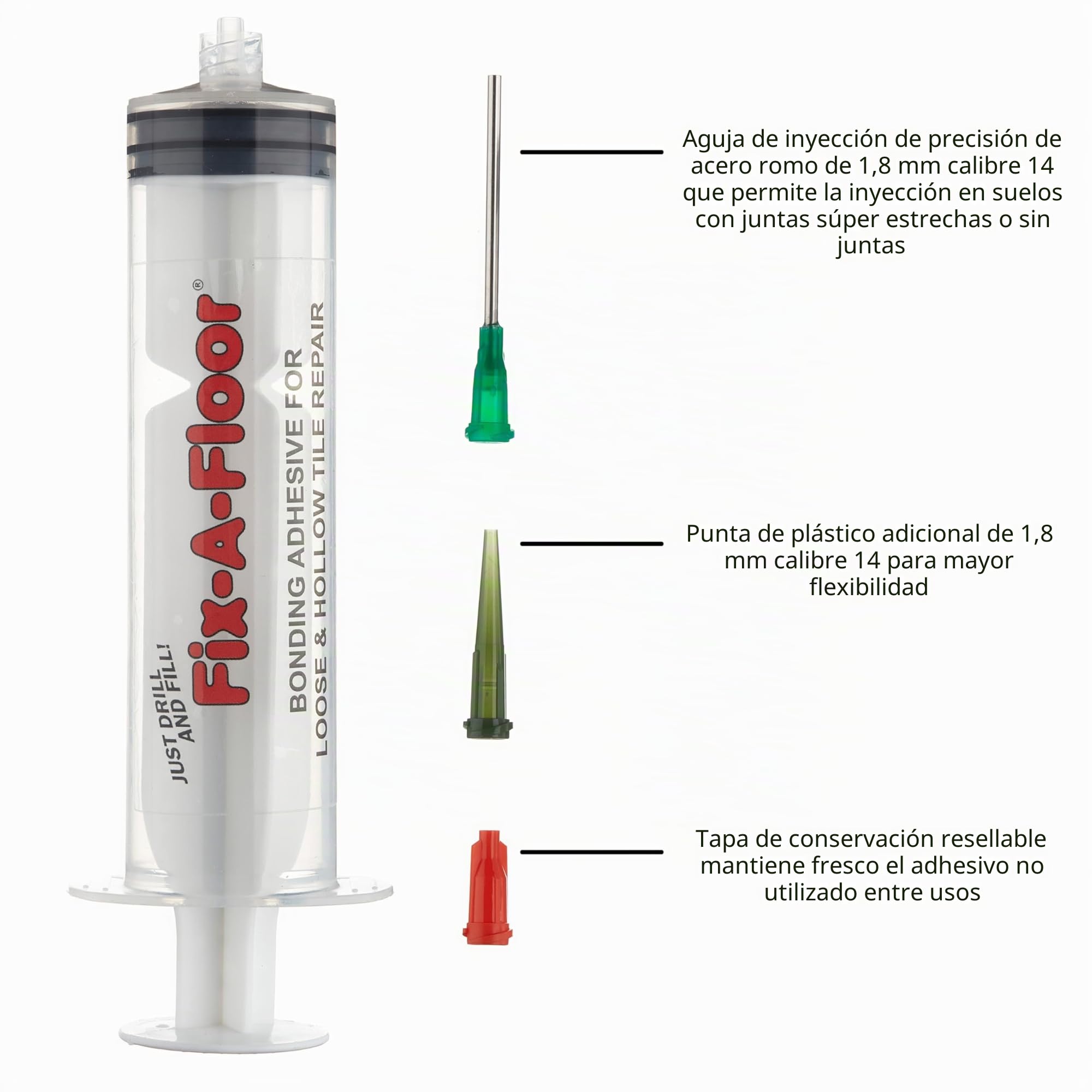 Fix-A-Floor Kit de aplicador de adhesivo de jeringa de 60 ml con aguja plana de acero inoxidable, aplicador de plástico y tapa de sellado – Ideal para áreas con líneas finas de lechada