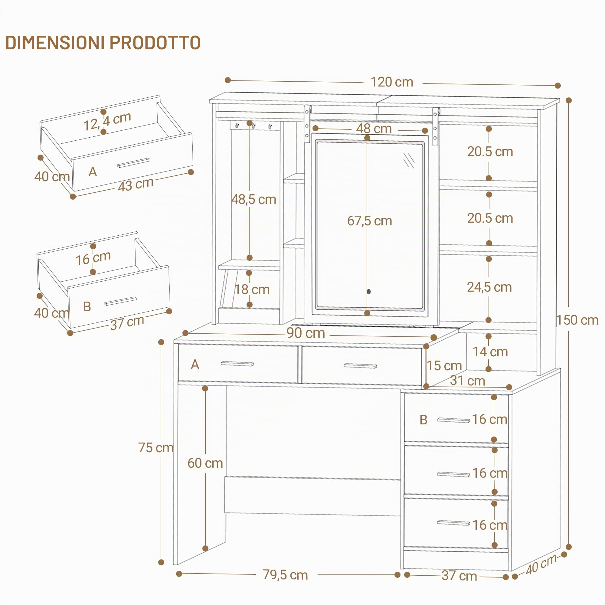Hzuaneri Toeletta da Trucco con Luci LED Regolabili, Grande Specchio Rimovibile, con Portagioie, Ripiani Aperti, 5 Cassetti, con Tavolino, per Camera da Letto, Bianco DT33103X