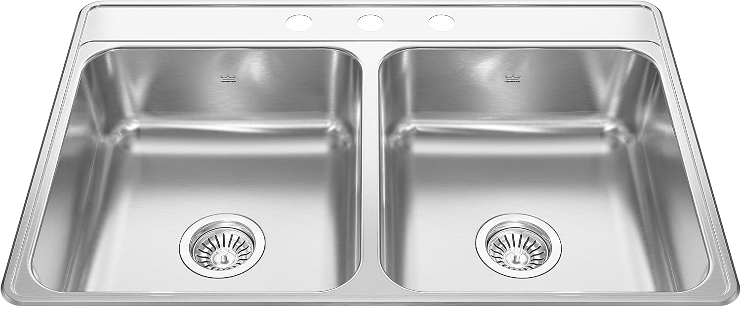 Kindred Creemore 33-in LR x 22-in FB x 7-in DP Drop In Double Bowl 3-Hole Stainless Steel Kitchen Sink, CDLA3322-7-3N