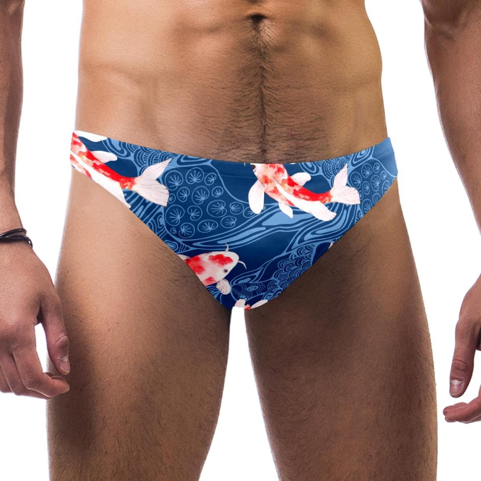 Men's Ployester Swim Briefs Print Bikini Swimsuit with Elastic Waistband Watercolor Koi Fish with Japanese Waves