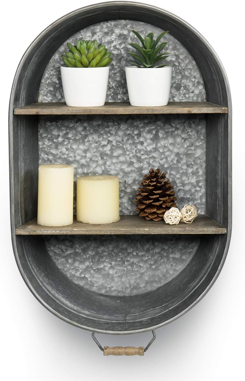 MyGift Rustic Tub Design Galvanized Metal Wall Shelf Rack with 2 Tier Vintage Wood Display Shelves