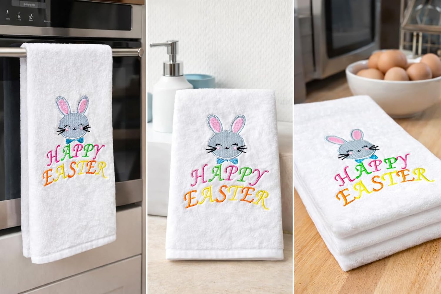 Embroidered Happy Easter Terry Velour Fingertip Towel Set - Quick-Drying, Highly Absorbent, Ultra-Soft, 11 x 18 inches, 3-Pack for Kitchen and Bathroom, Ideal for Gifts and Travel (3, Happy Easter 1)