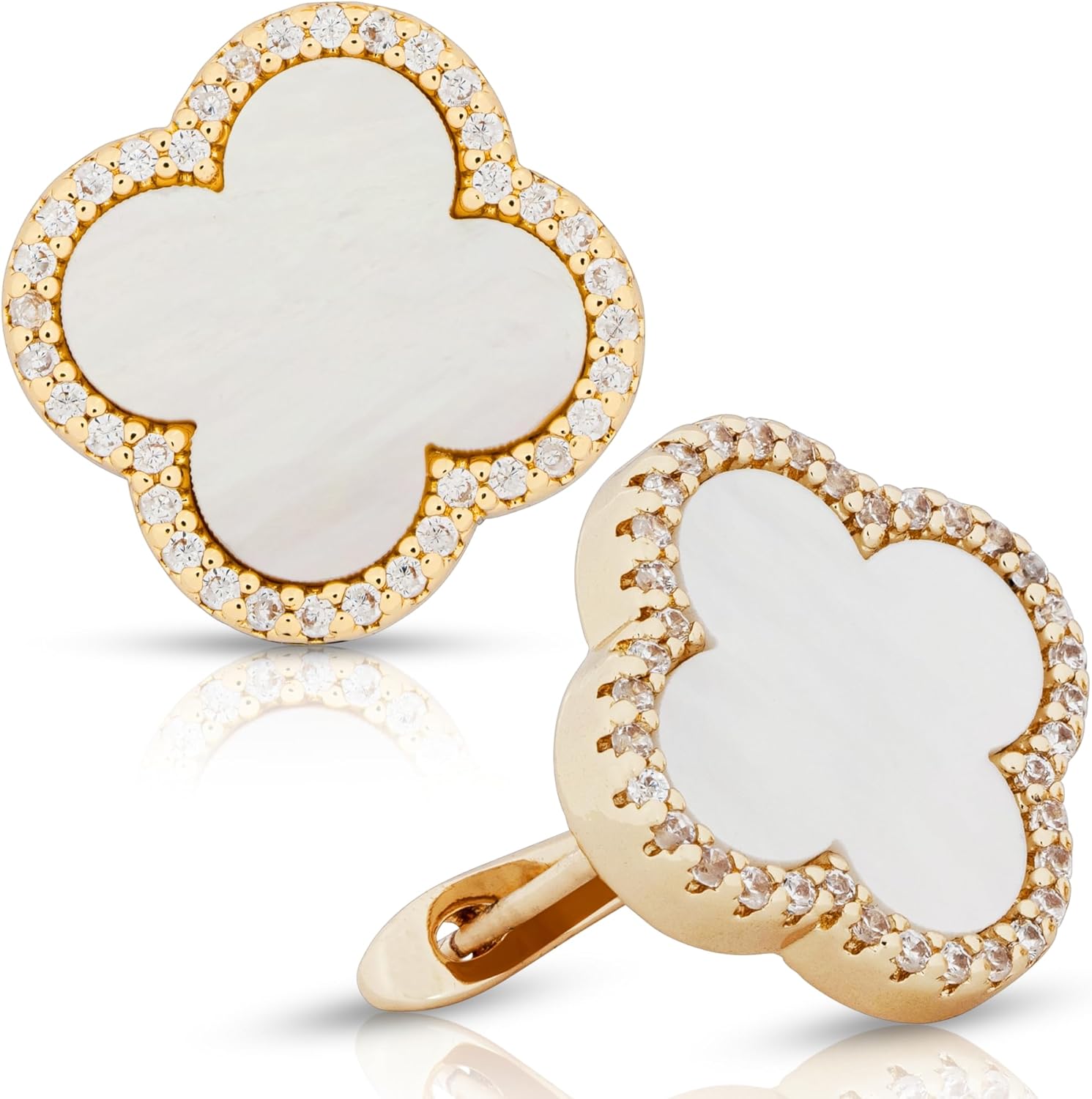 Four Leaf Clover Earrings 18K Gold Plated with Black Agate or White Shell | Mother of Pearl & Cubic Zirconia | Classic English Lock | Tarnish-Resistant Jewelry for Women - Image 7