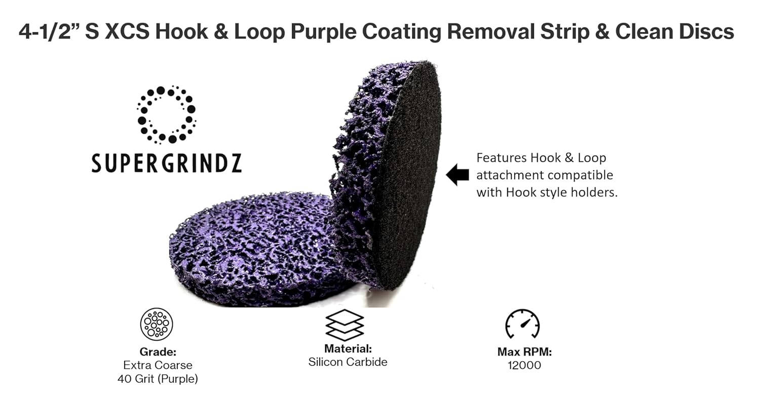 4 Piece Kit 4-1/2” SXCS Hook & Loop Purple Coating Removal Discs with 4-1/2” x 5/8”-11 Holder, Drill Adapter, Silicon Carbide Extra Coarse Clean & Strip, Strips Paint Coatings Clean Welds