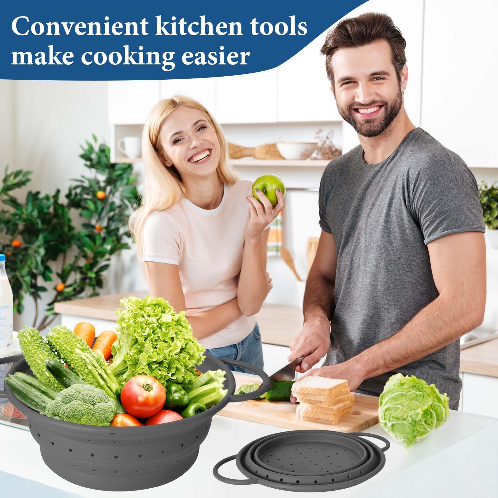 Set 2 Colini Pieghevoli in Silicone per Cucina,Scolapasta Estensibile con Manico -Cestino Lavaggio Verdure/Frutta,BPA Free,33.4cm & 28cm, Antiscivolo