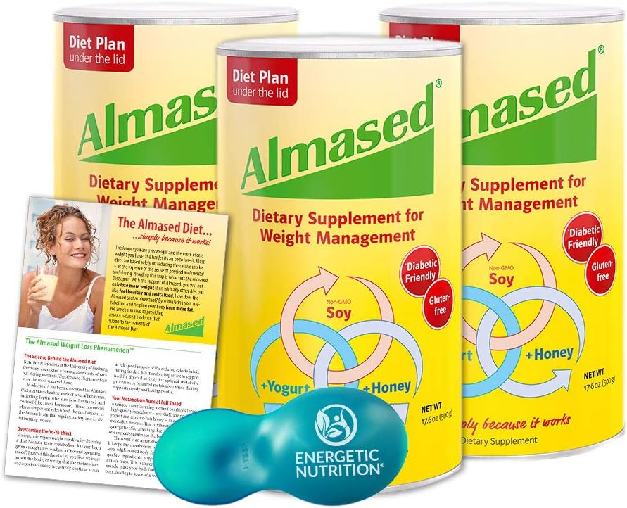 Almased Diet Kit – 3 cans Almased Multi-Protein Powder (17.6 oz ea) bundled with 1 Energetic Multi-measure Scoop (4 items)