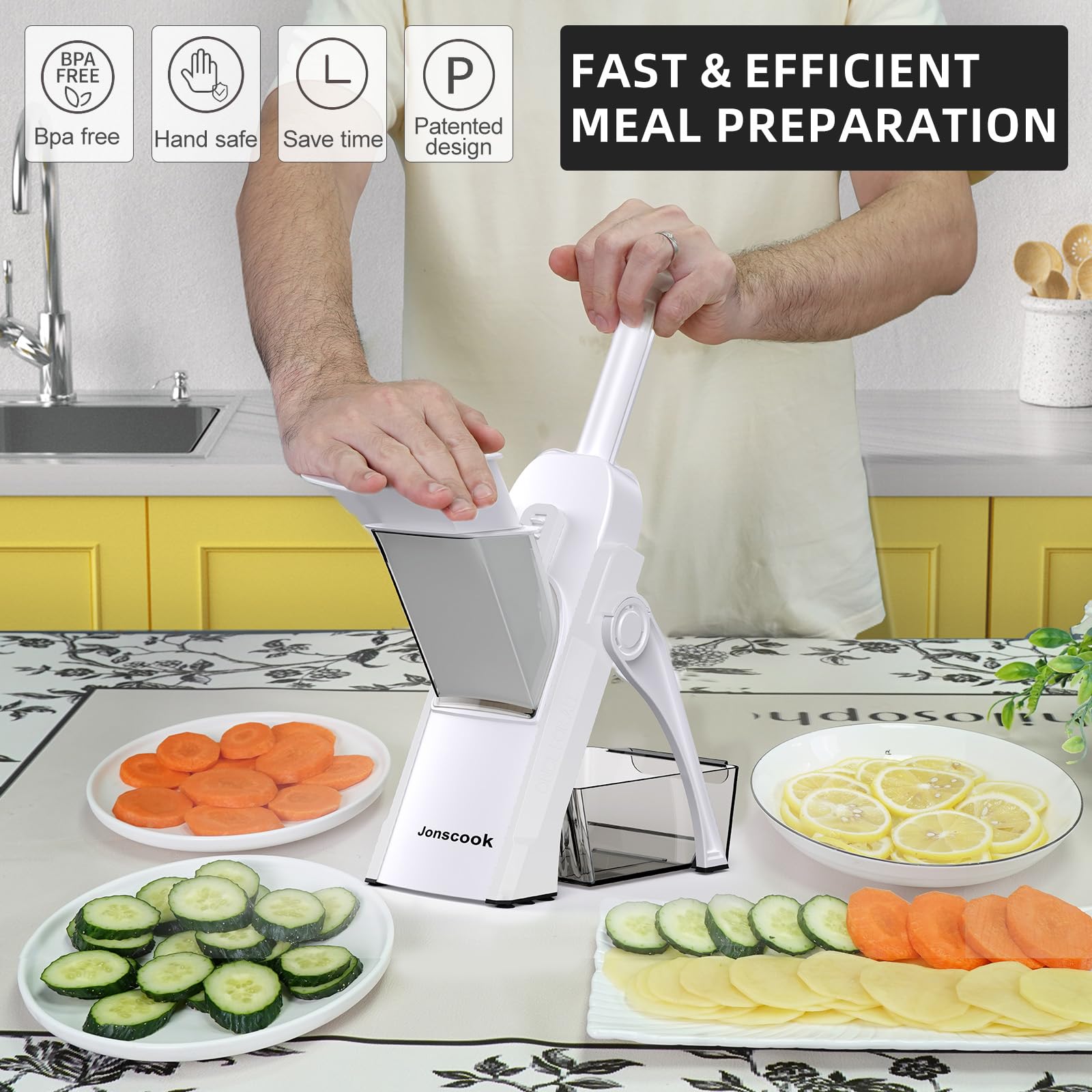 Affettaverdure Jonscook - Aiutante da Cucina Multifunzionale con Tagliapatate, Affettacipolle, Affettafrutta, Cubettatrice, Mandolina - Affettatrice (1a generazione bianca)