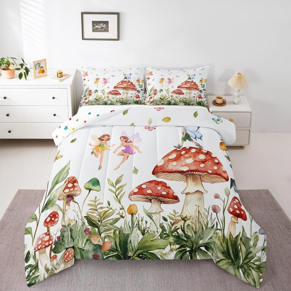 Erosebridal Fairy Mushrooms Bedding Toddler,Dreamy Fairytale Comforter Set Cute Fairy Bed Sets Botanical Flowers Red Mushroom Duvet Insert 2 Pieces