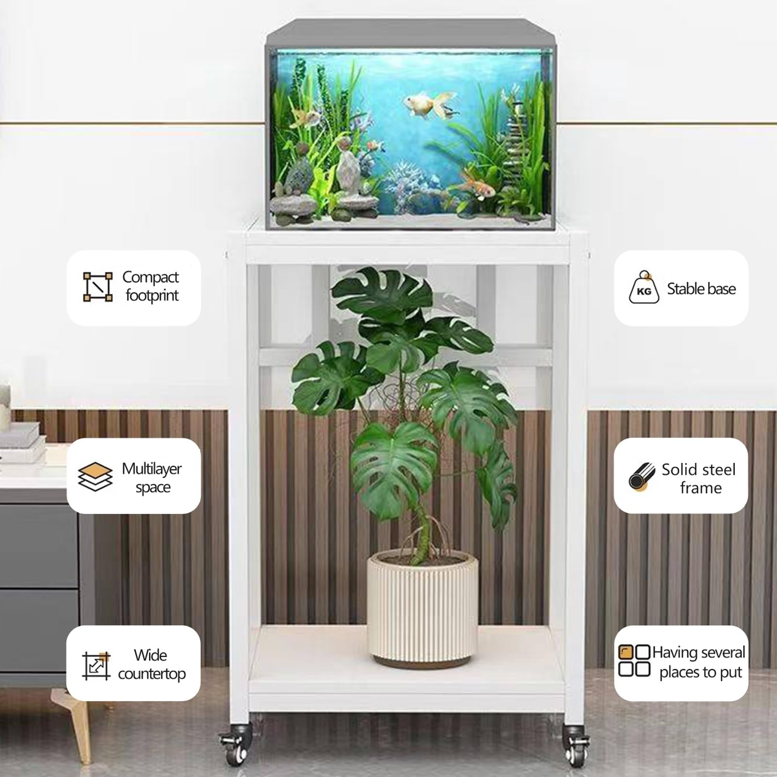Ruchomy stojak na akwarium z kółkami, 2-poziomowy stojak do terrarium, solidna stalowa rama, łatwy montaż do salonu, gabinetu, biura