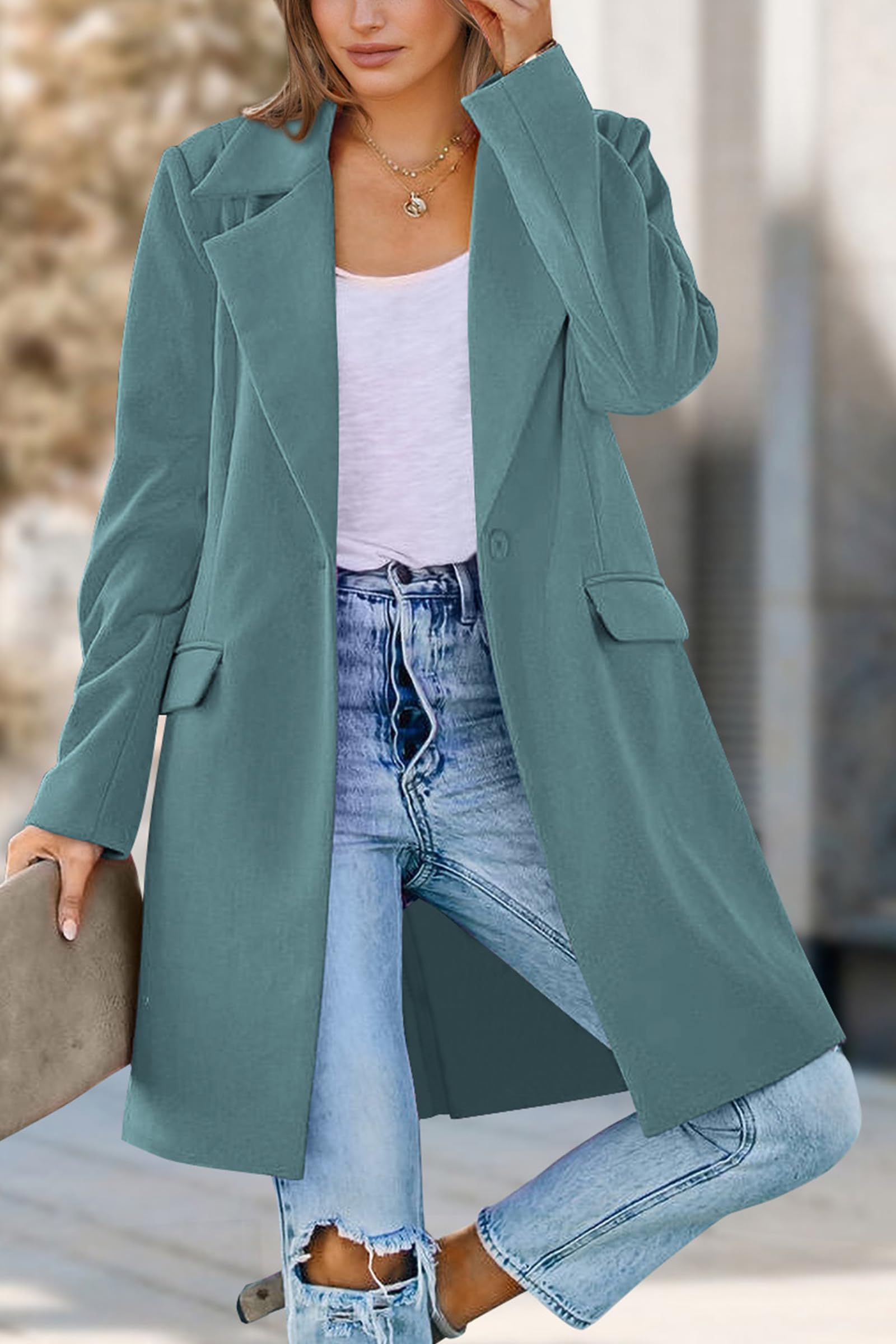 PRETTYGARDEN Women's Business Casual Long Blazer Jackets(Blue Green,S) view 7