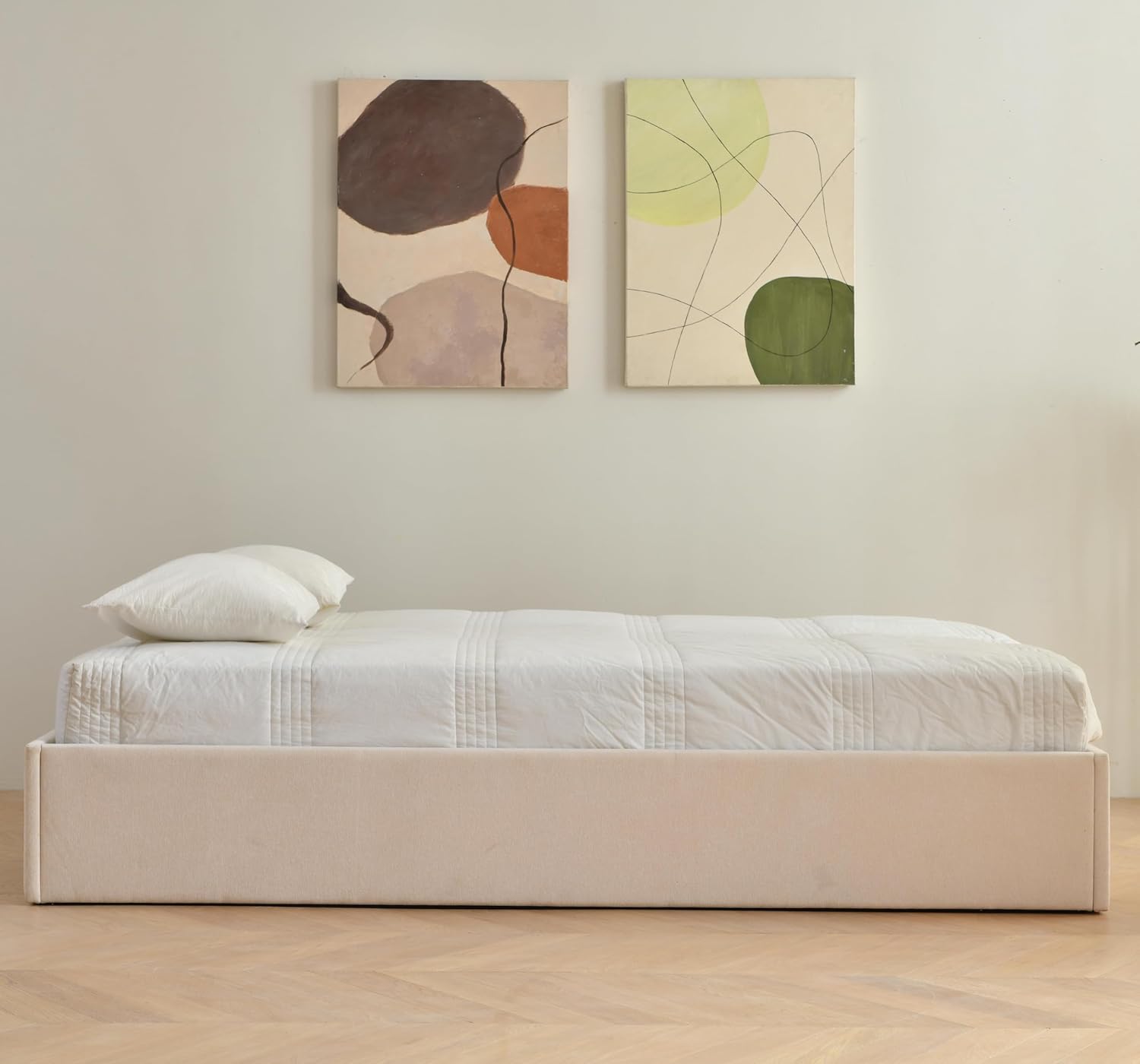 Hydraulic Lift up Upholstered Storage Bed with Large Storage Space, No Headboard Design for Bedroom Beige, King Size