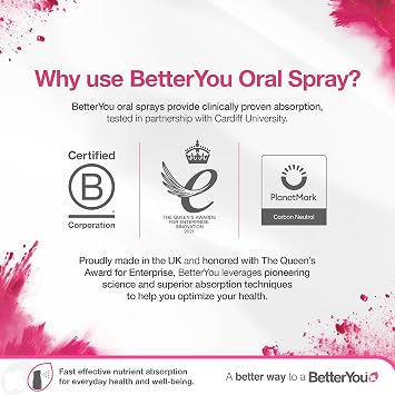 BetterYou Vitamin B12 Oral Spray, High Strength Methylcobalamin Supplement, 1200mcg per dose to Boost Energy, Natural Apricot Flavour, 48-Day Supply