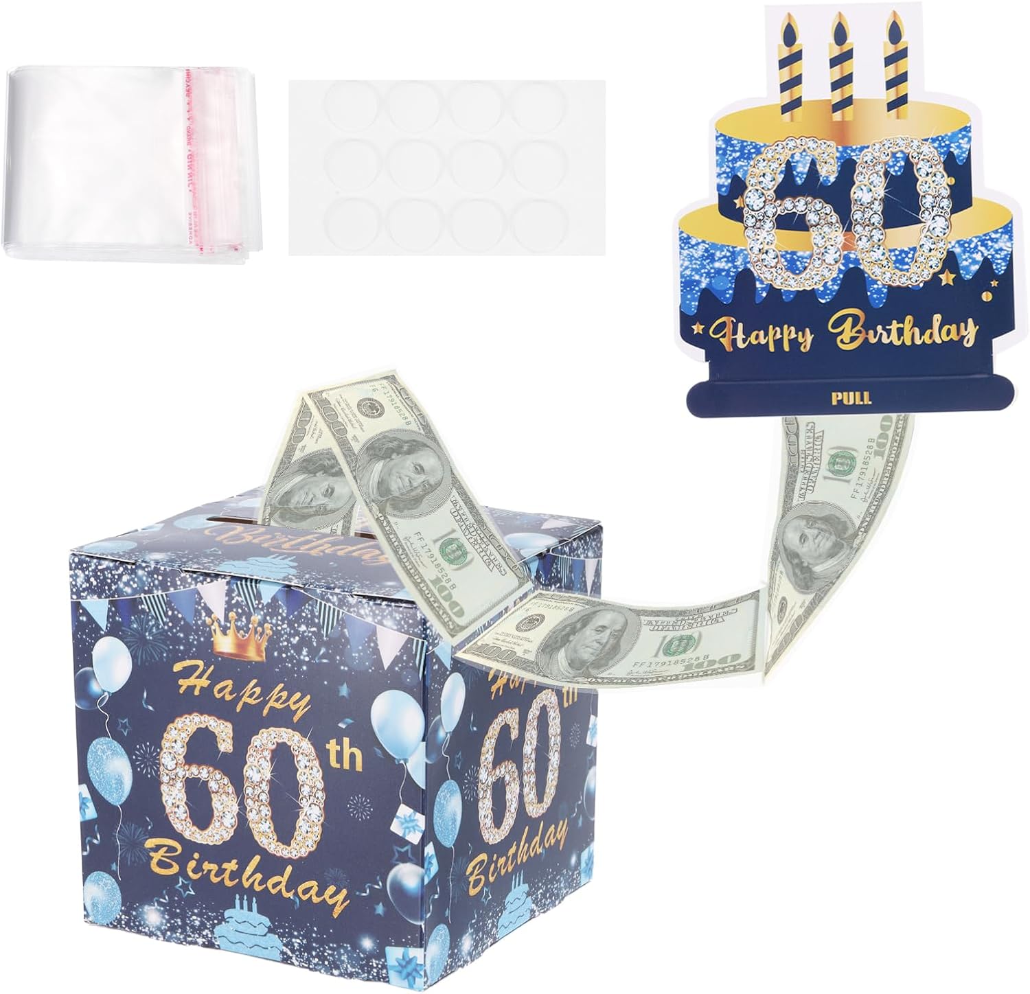 PATIKIL 60th Birthday Money Box for Cash Gift, Birthday Money Pull Box with 100pcs Transparent Bags for Birthday Surprise Card Party Decorations Women Girl Men Boy Best Friend, Blue