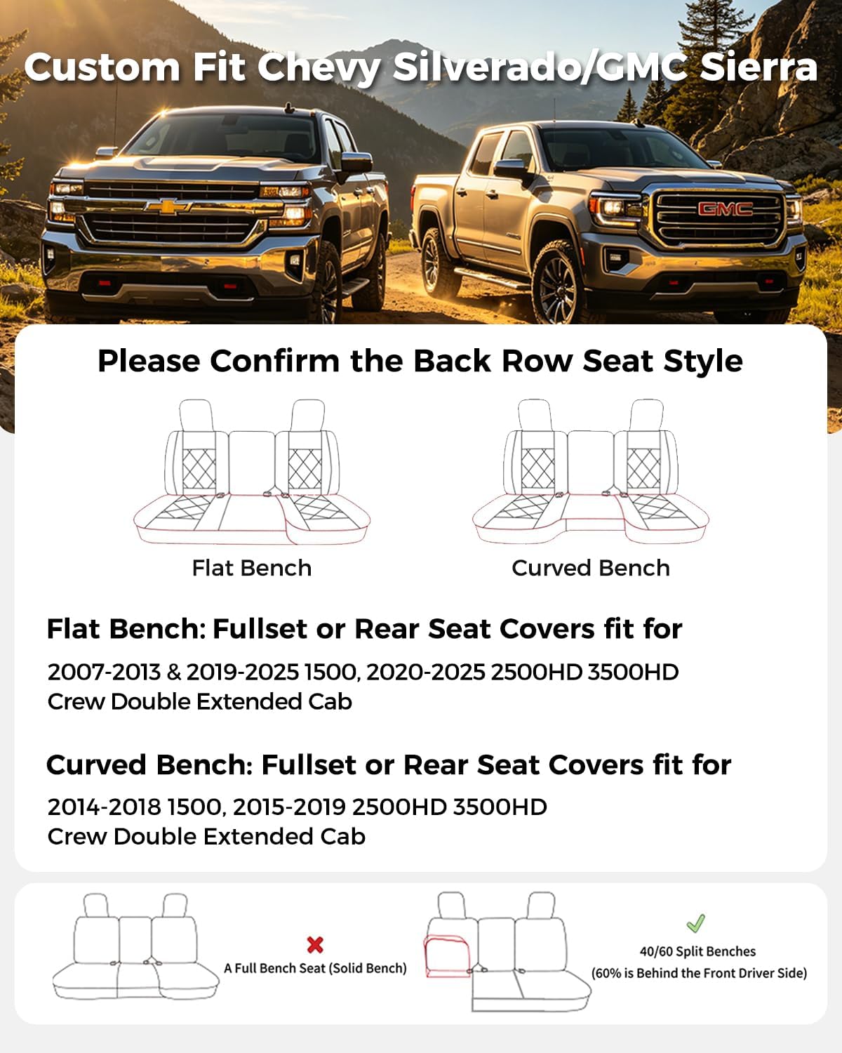 Huidasource Silverado Back Row Car Seat Covers, Split Rear Bench Seat Cushion Cover Fit for Chevy Silverado GMC Sierra 1500 2007-2013&2019-2025, 2020-2025 2500/3500HD Crew Cab WT LS LT(Back Row/Black)