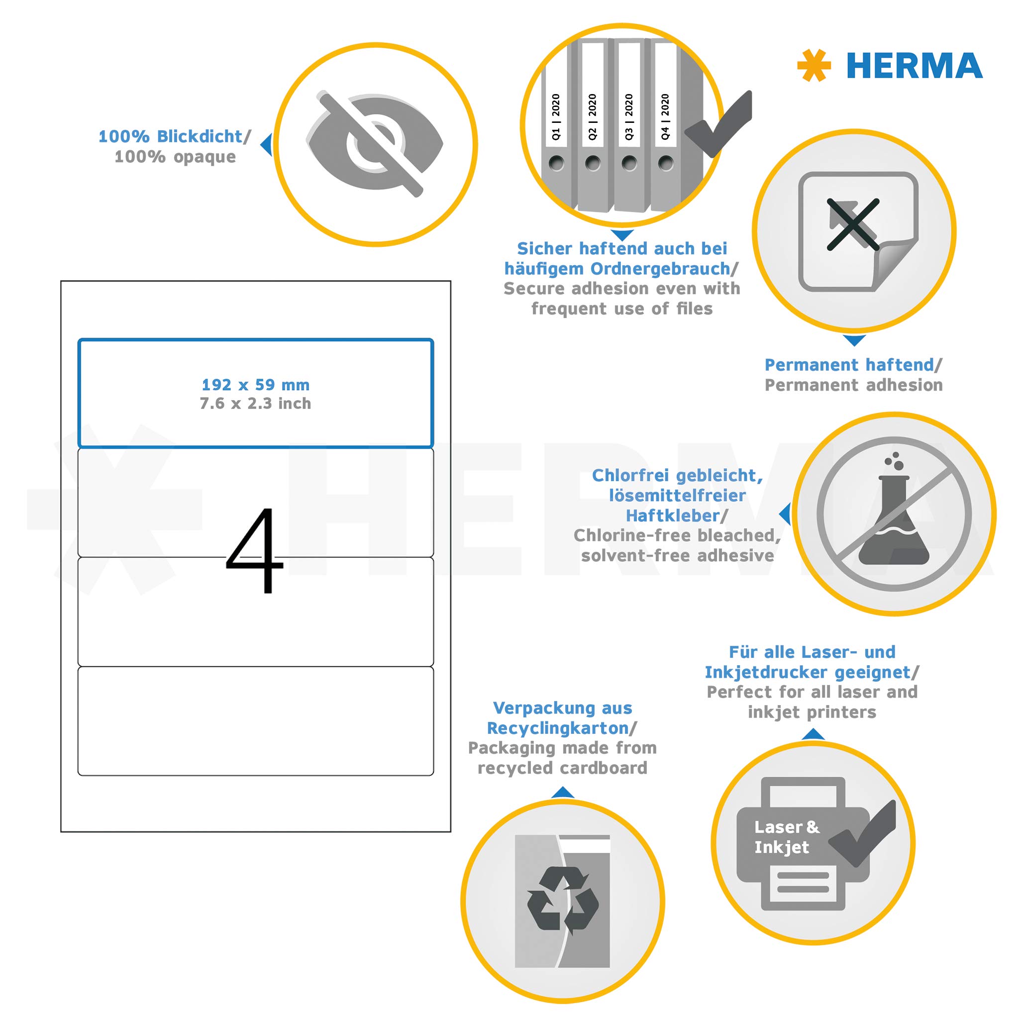 HERMA 5123 Ordnerrücken Etiketten kurz breit, 800 Blatt, 192 x 59 mm, 4 pro A4 Bogen, 3200 Stück, selbstklebend, bedruckbar, blickdicht, blanko Papier Ordneretiketten Rückenschilder Aufkleber, weiß