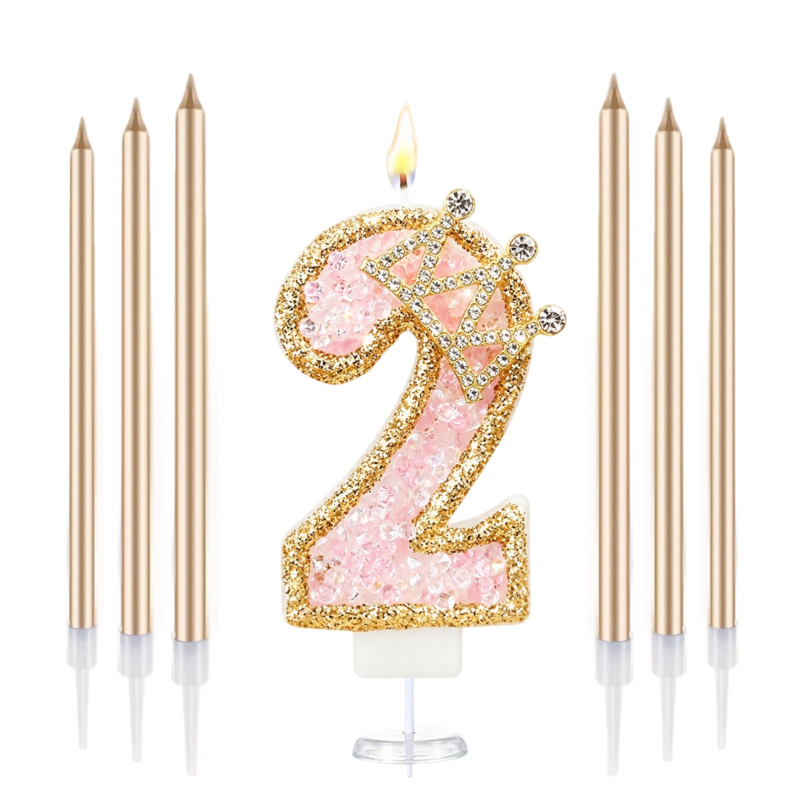 Crown Number Birthday Candles, Glitter Pink Gold Birthday Candle with 6 Pcs Long Candles, Stylish Princess Themed Cake Topper for Girls Birthday Party Supplies (2 Candle)