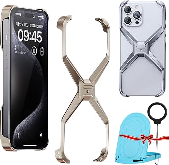 X Shape Anti-Fall Bare Phone Case, X Shaped Metal Frame for iPhone, Aluminum Alloy Hollow Frameless Cooling X Phone Shell for iPhone 15/14/13 Pro Max Gold, for iPhone 14 Pro Max
