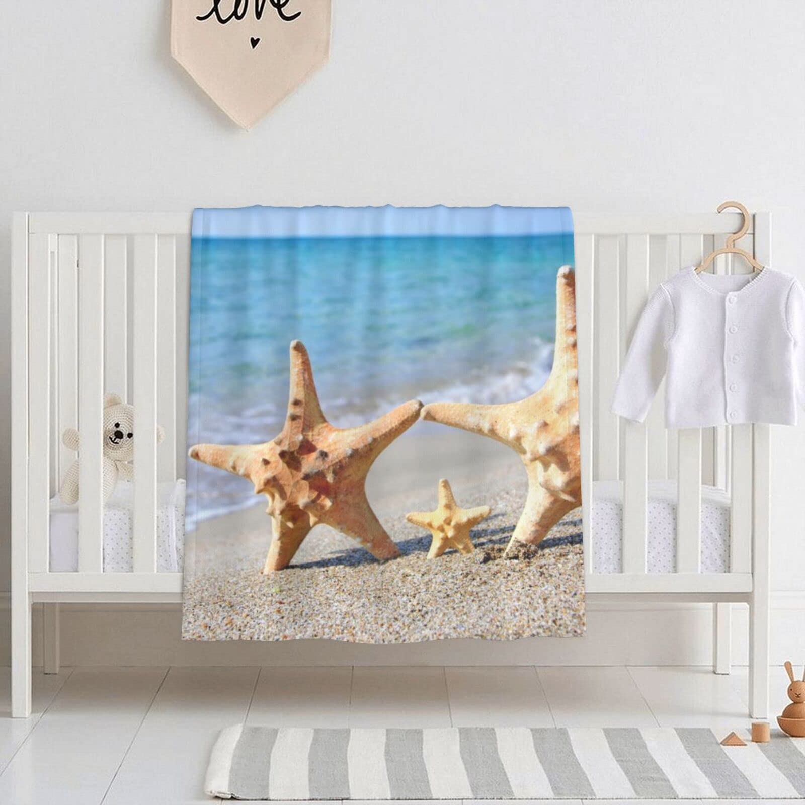 Starfish Fuzzy Baby Blanket Soft Swaddle Wrap Toddler Infant Newborn Receiving Quilt for Crib Stroller Travel Birth Shower New Mom Gift