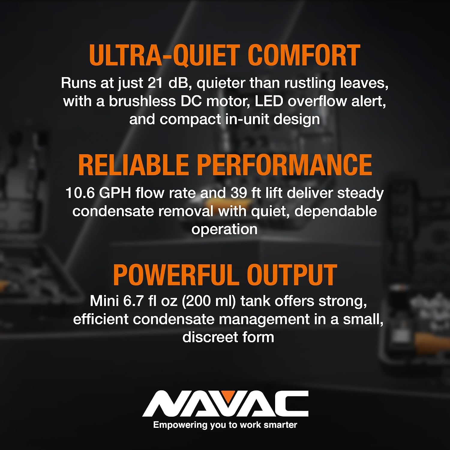 NAVAC NCB10 Mini-Split Condensate Pump - Ultra Quiet Design, HVAC Condensate Pump, Brushless DC Motor - Reliable Performance, Overflow Protection Sensor, 6.7 fl oz Tank Capacity, 10.6 GPH, 39 ft Lift