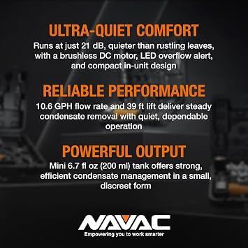 NAVAC NCB10 Mini-Split Condensate Pump - Ultra Quiet Design, HVAC Condensate Pump, Brushless DC Motor - Reliable Performance, Overflow Protection Sensor, 6.7 fl oz Tank Capacity, 10.6 GPH, 39 ft Lift
