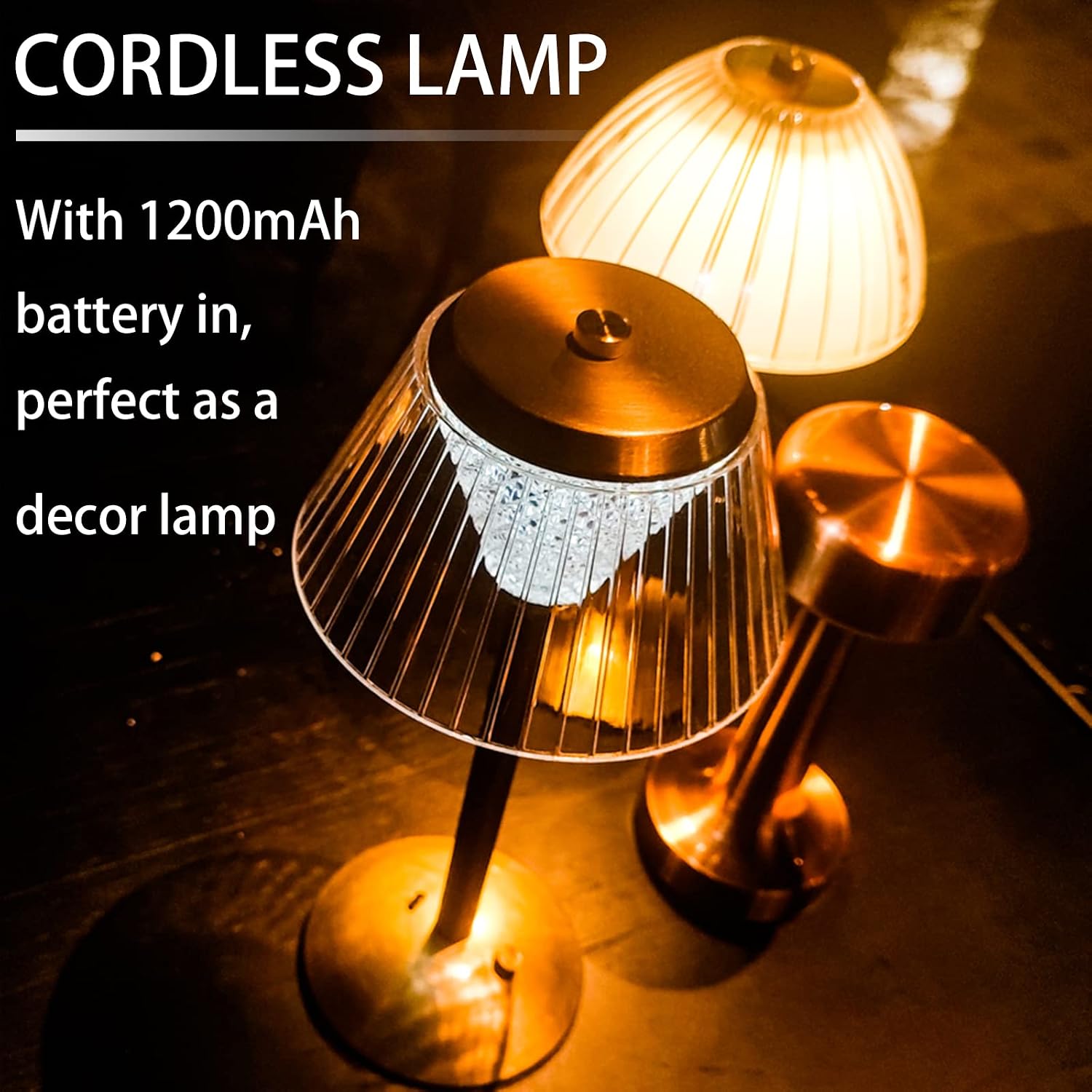 Portable Cordless LED Table Lamp with Touch Sensor - 3 Color Dimmable and Adjustable Brightness, Diamond Cut Rechargeable Gold Brass Lamp, Battery Powered Desk Lamp for Nightstand,Living Room, Bedroom