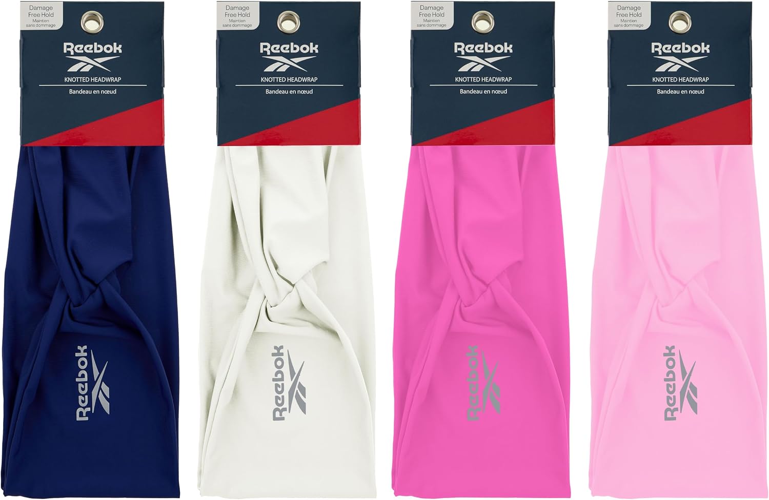 Reebok 4pk Wide Knotted Headwrap - Secure, Lightweight, Damage-Free Hold | Quality Gym Hair Accessories for Active Comfort