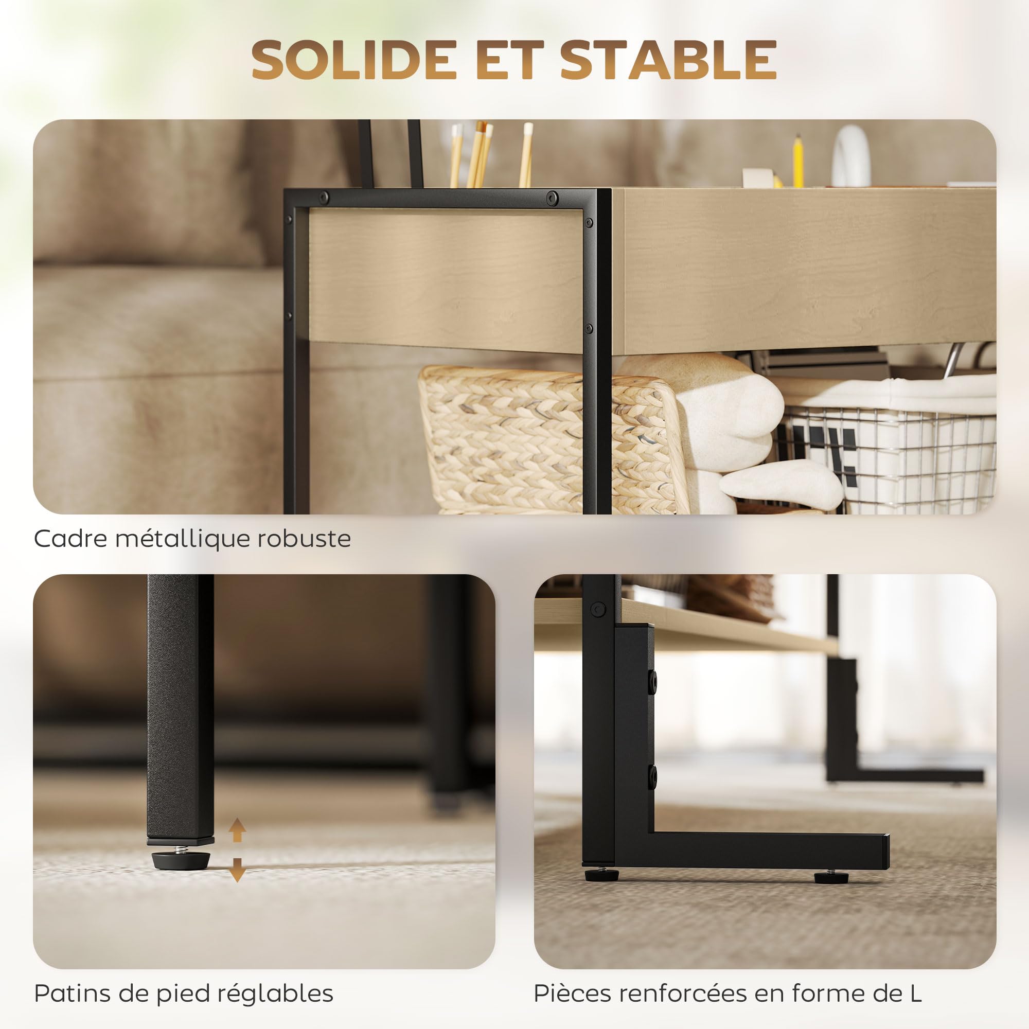 HOMCOM Table Basse avec Plateau relevable, Table de Salon Industrielle avec Compartiment caché et étagère Ouverte, Pieds renforcés en L Stable, pour Salon, Bureau, 95 x 40 x 59 cm, Effet Bois Naturel