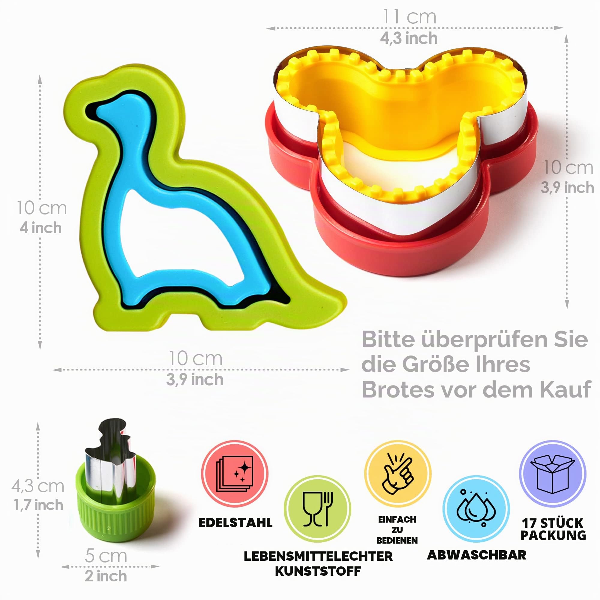 GET FRESH Sandwichschneider und Versiegler für Kinder -17 Stück Kinder Edelstahl Decruster Sandwich Ausstecher Gemüseschneider - Dino Metall Brotschneider und 5 Gemüseformen mit 10 Tiere Zahnstocher