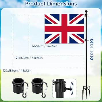 10 FT Flagpole, Tangle Free Flag Pole in Ground with 5 Prongs Base, Flag Poles for Outside House Garden Flag Poles Kit(Black, without Flag)