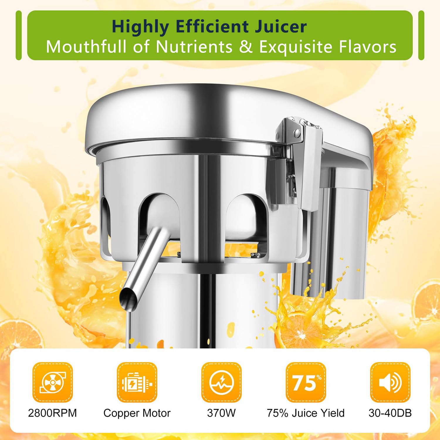Spremiagrumi Elettrico ad Alta velocità (2800 Giri/min), in Acciaio Inox, con Ampia Bocchetta di Alimentazione da 2 Litri per Una spremitura efficiente in ristoranti, Hotel, Bar e abitazioni