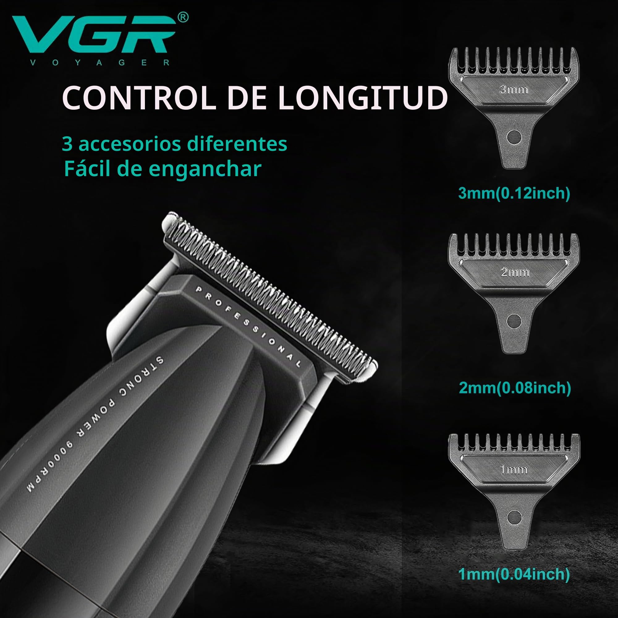 VGR Recortadora de pelo para hombre, inalámbrica, profesional, barbero, 9000 rpm, eléctrica, USB-C, recargable, batería de 240 minutos, DLC y cuchillas de cerámica para detalles de barba de precisión,