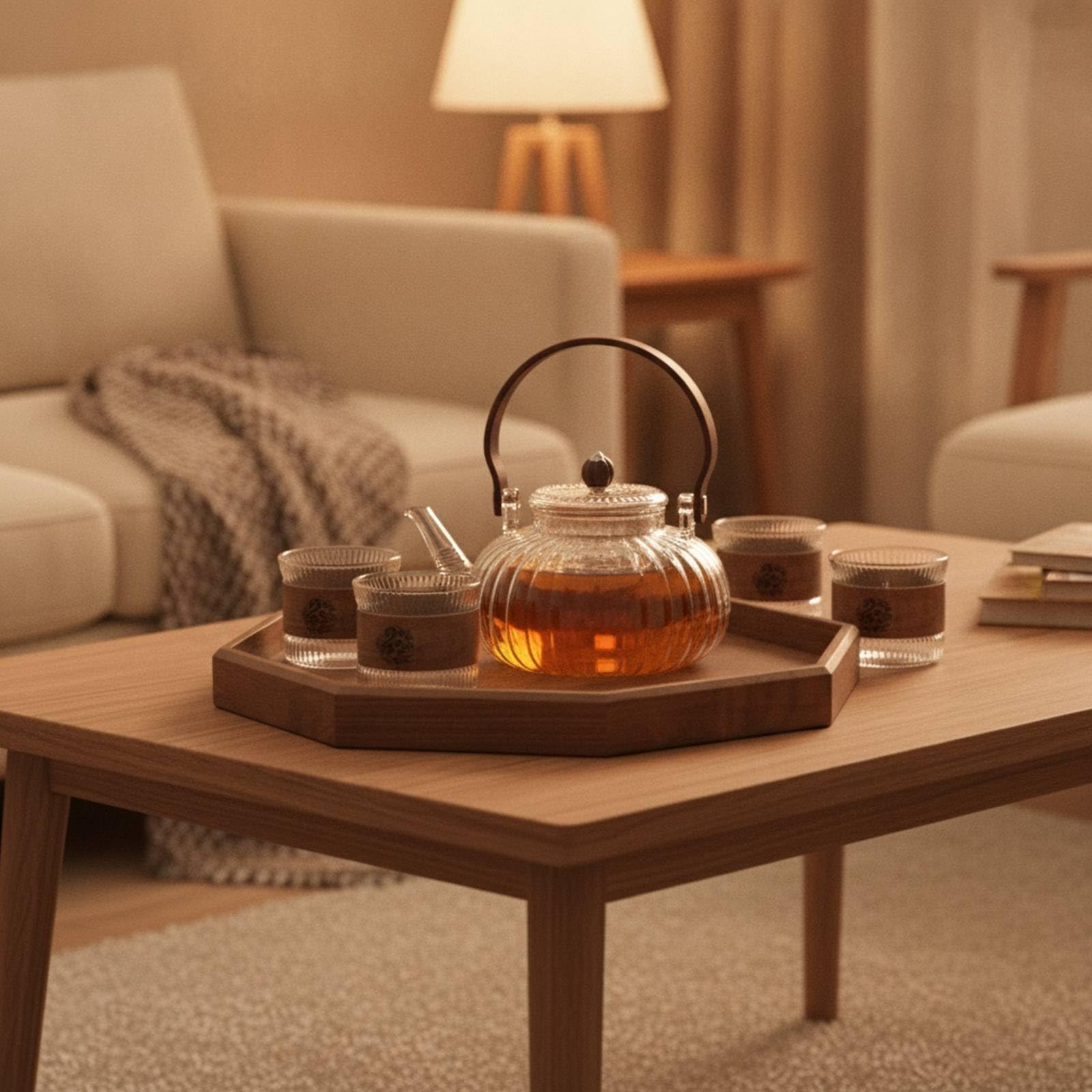 Teeset aus transparent Teeservice mit Kanne und Tassen tropf Tasse für Teeliebhaber, 1 Kanne, 6 Tassen, 1 Tablett, Hochwertig