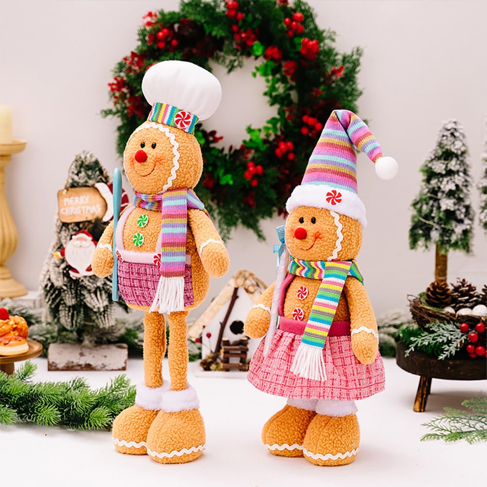 Katutude 2 figuras de peluche de Navidad, hombre de jengibre de pie con patas largas retráctiles, adornos de hombre de jengibre de Navidad, decoración de mesa de Navidad para niños y adultos