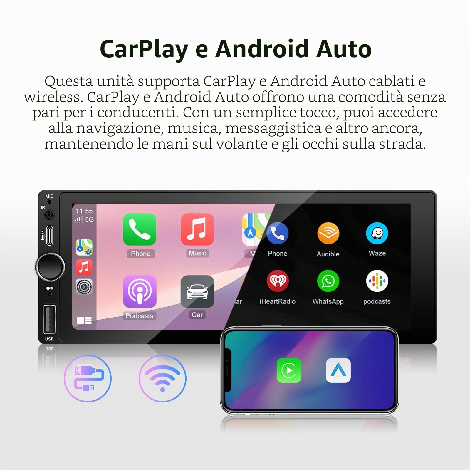 Autoradio 1 Din 6.86 Pollici con CarPlay e Android Auto Wireless Bluetooth | Schermo IPS MP5 fotocamera posteriore radio FM AM USB-C ricarica rapida e controllo volante per guida quotidiana