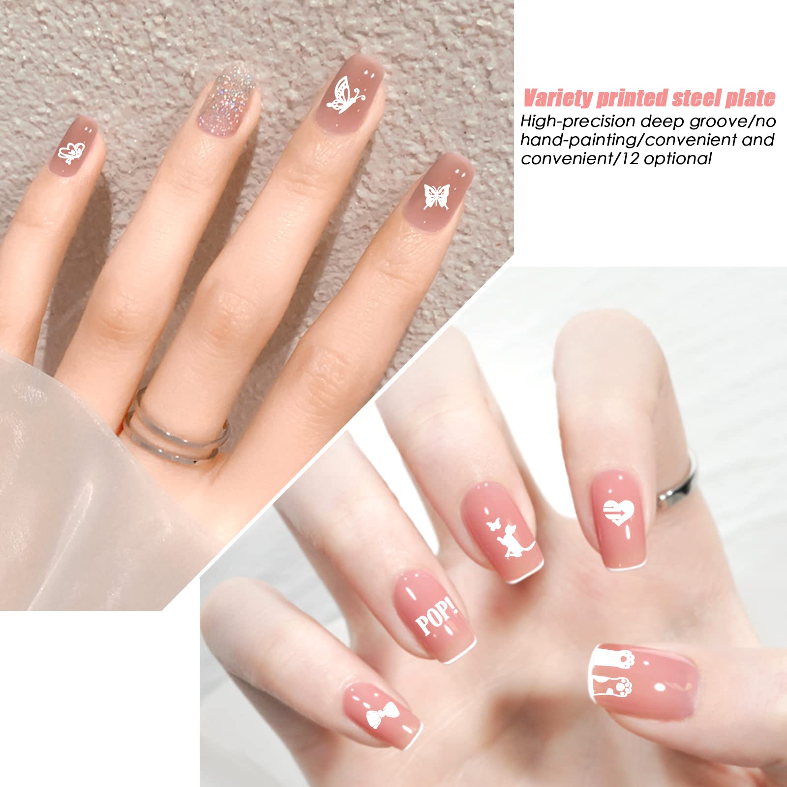 Nail Art Stamping Kit Plantillas para Uñas con Bolso Placas Sello Raspador Silicona