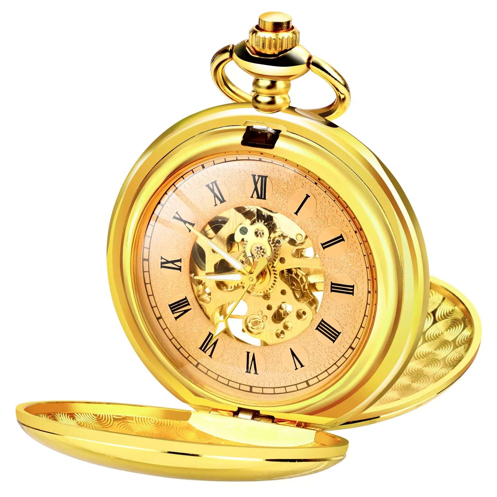 Zinc Alloy Mechanical Pocket Watch Roman Numerals Dial Skeleton Pocket Watch with 3-Dimensional Patterns-image-9