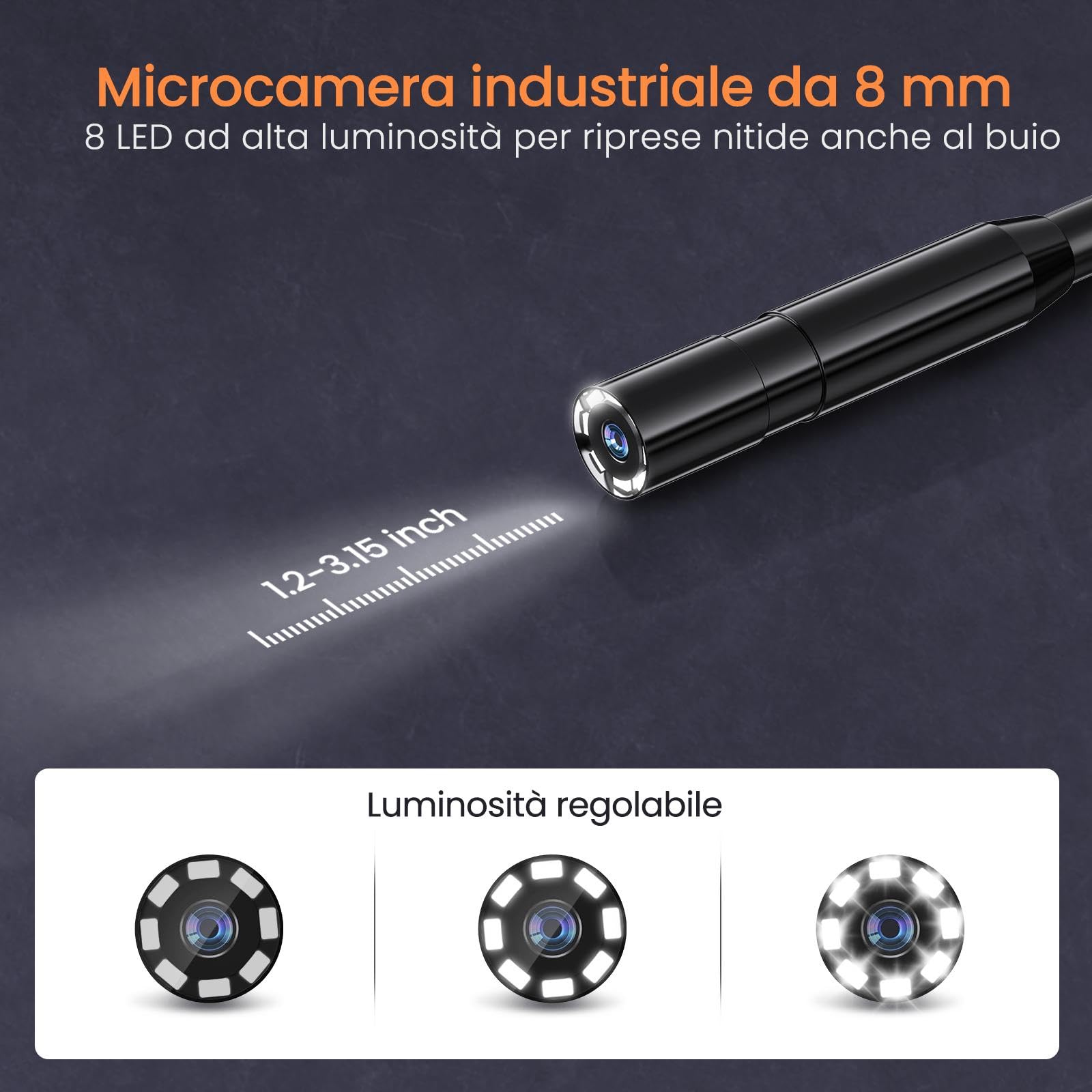 BlueSwan Telecamera Ispezione Tubi 4.3" IPS 1080P HD, Telecamera Endoscopica Impermeabile IP67, Cavo Semirigido 5m, 8 LED Regolabili, Zoom 2X e Rotazione 180°, Telecamera Ispezione Tubi e Auto