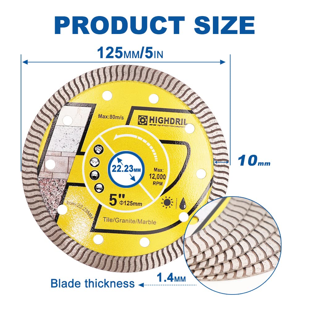 HIGHDRIL Supercienkie ostrze diamentowe, 3 szt. 125 mm z trzpieniem 7/8 cala, turbo do ogólnego przeznaczenia płytki porcelanowe, ceramiczne, granitowe, marmur, twardy materiał, beton