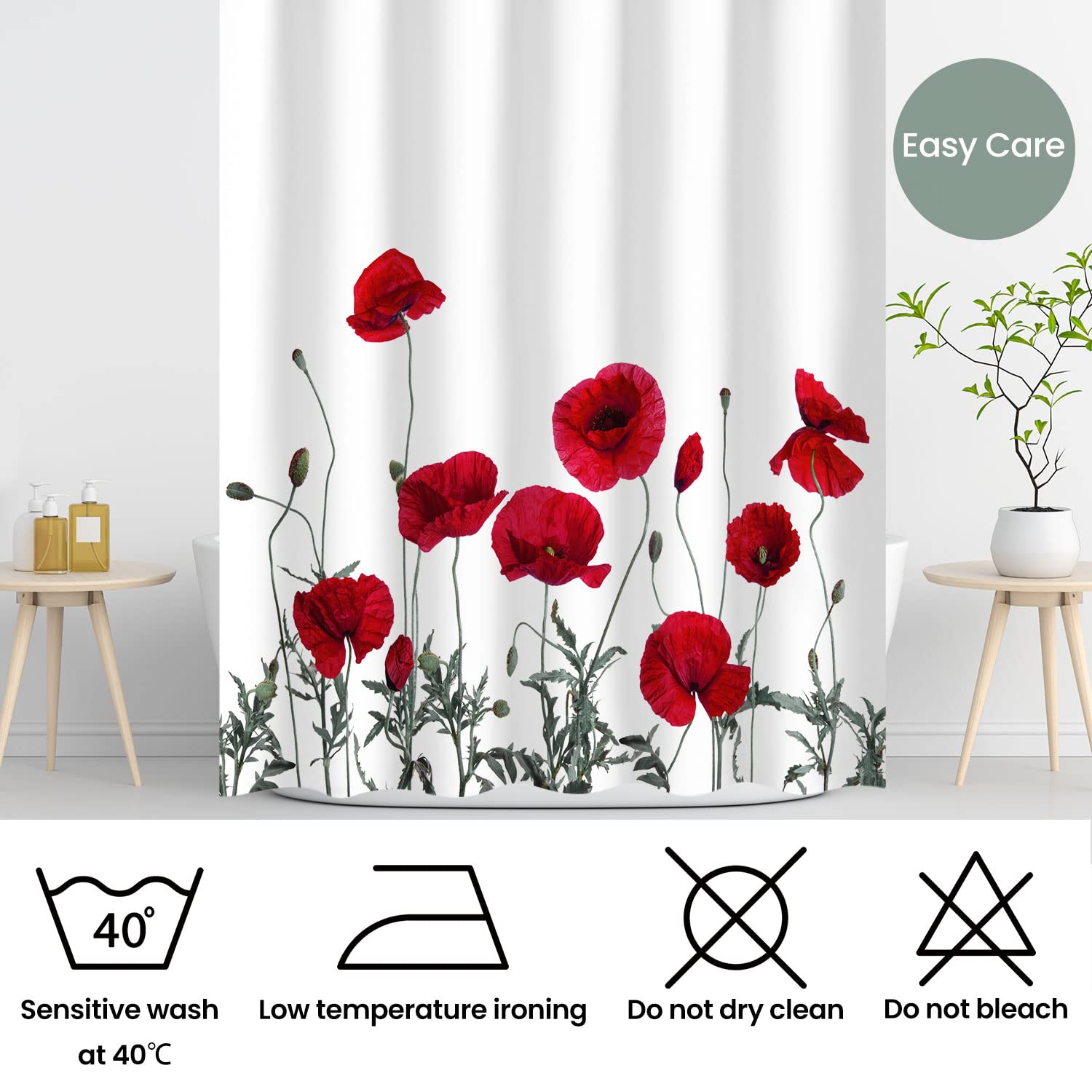 Coxila Duschvorhang Mit Rotem Blumenmuster (Mohn & Gänseblümchen) – Wasserdicht, 152x183 Cm, Inkl. 12 Haken