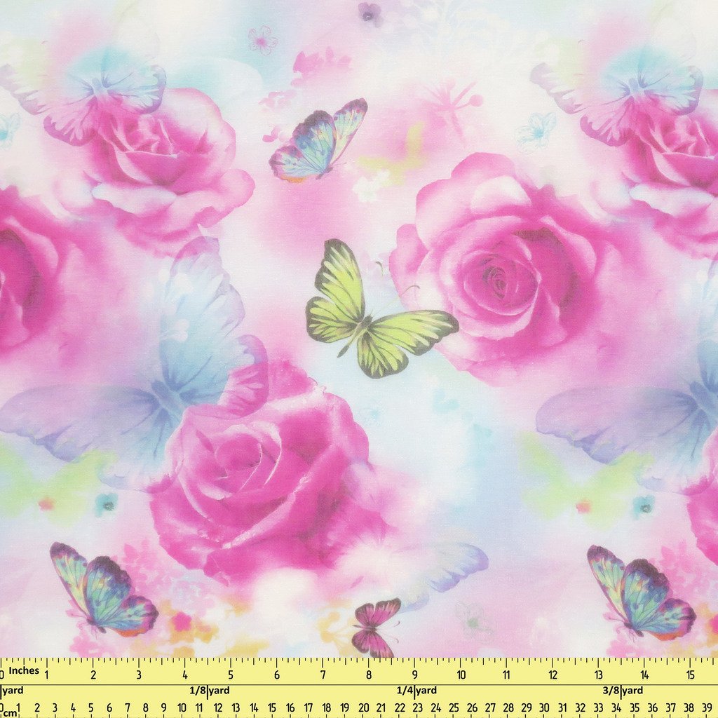 Rose Flower Butterfly Print Pink Fabric