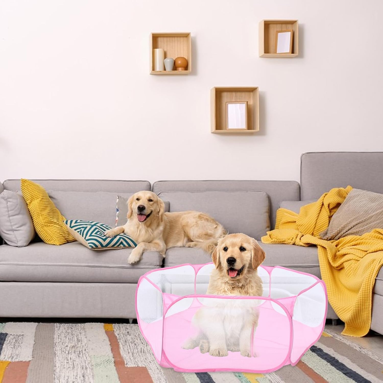 Foldable Hexagonal Pet Playpen with Polyester Mesh, Small Indoor Safety Fence for Rabbits and Dogs, Portable Pink Pet Pen for Play and Exercise