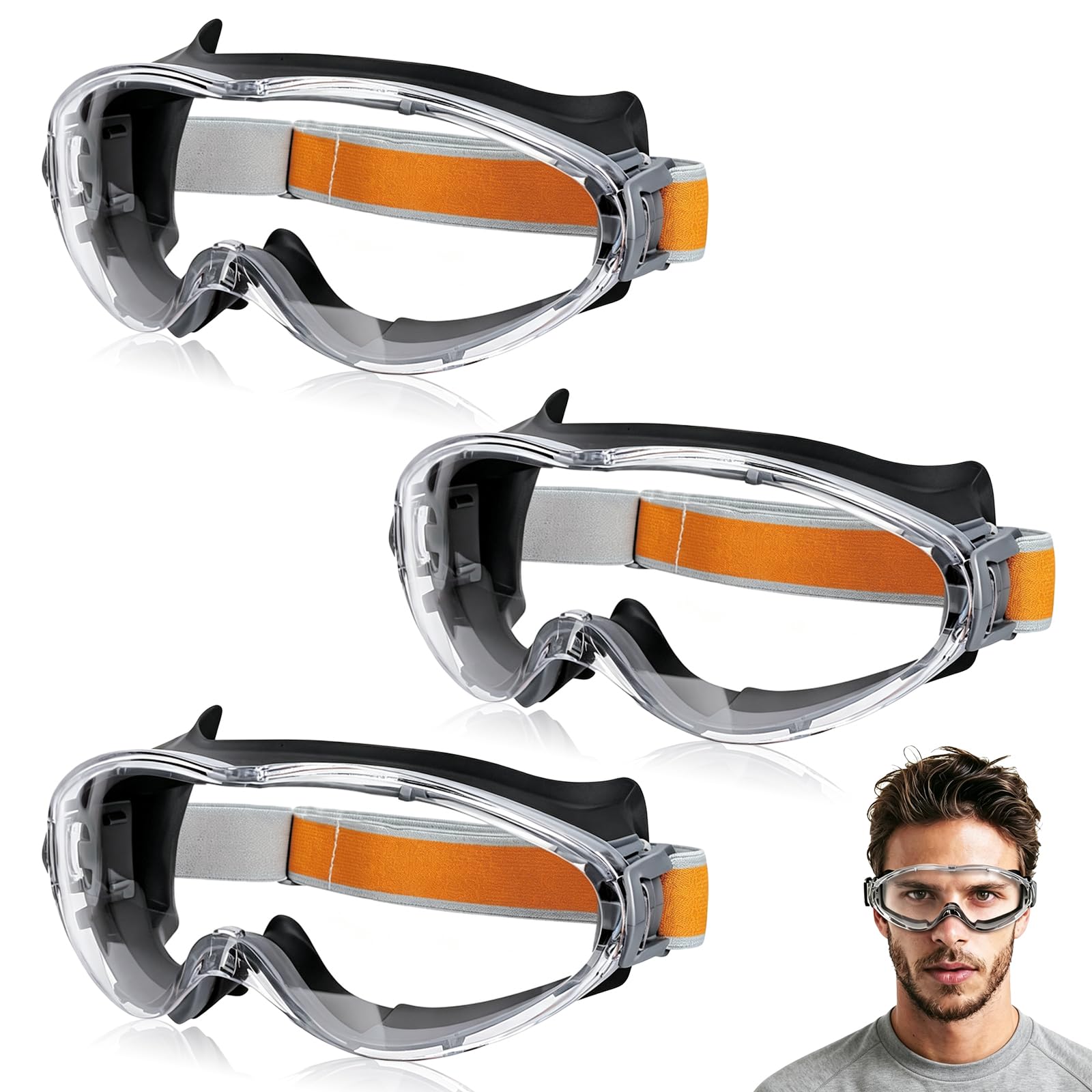 JWHJD 3 Pack Safety Goggles, Anti-Fog and Scratch Eye Protection Goggles Clear Resistant Adjustable Protective Glasses for Home Lab Workplace and Outdoor Use (Black)
