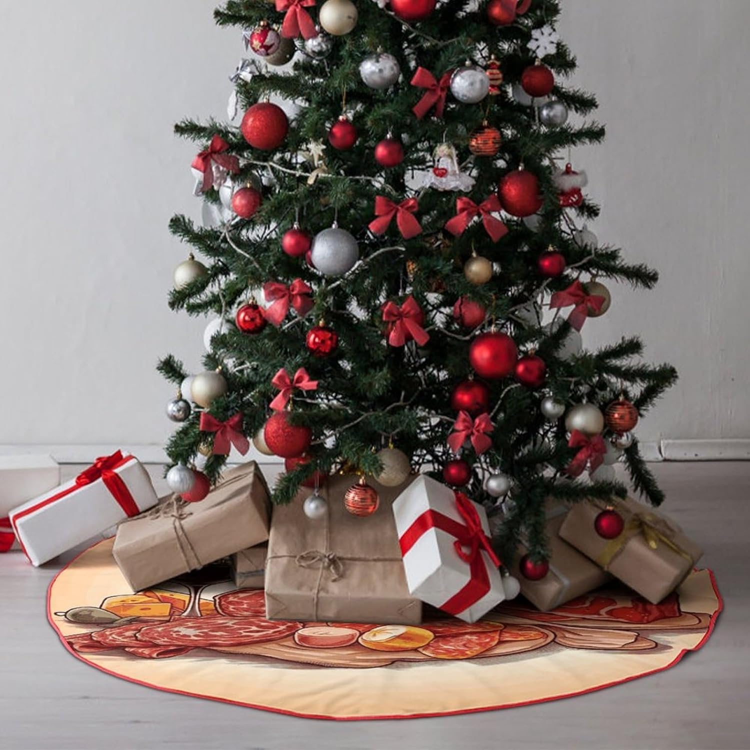 Christmas Tree Skirt,for Xmas Tree Holiday Party Decorations Food and Drink Printed Christmas Tree Mat Red Lace-up Christmas Tree Dress