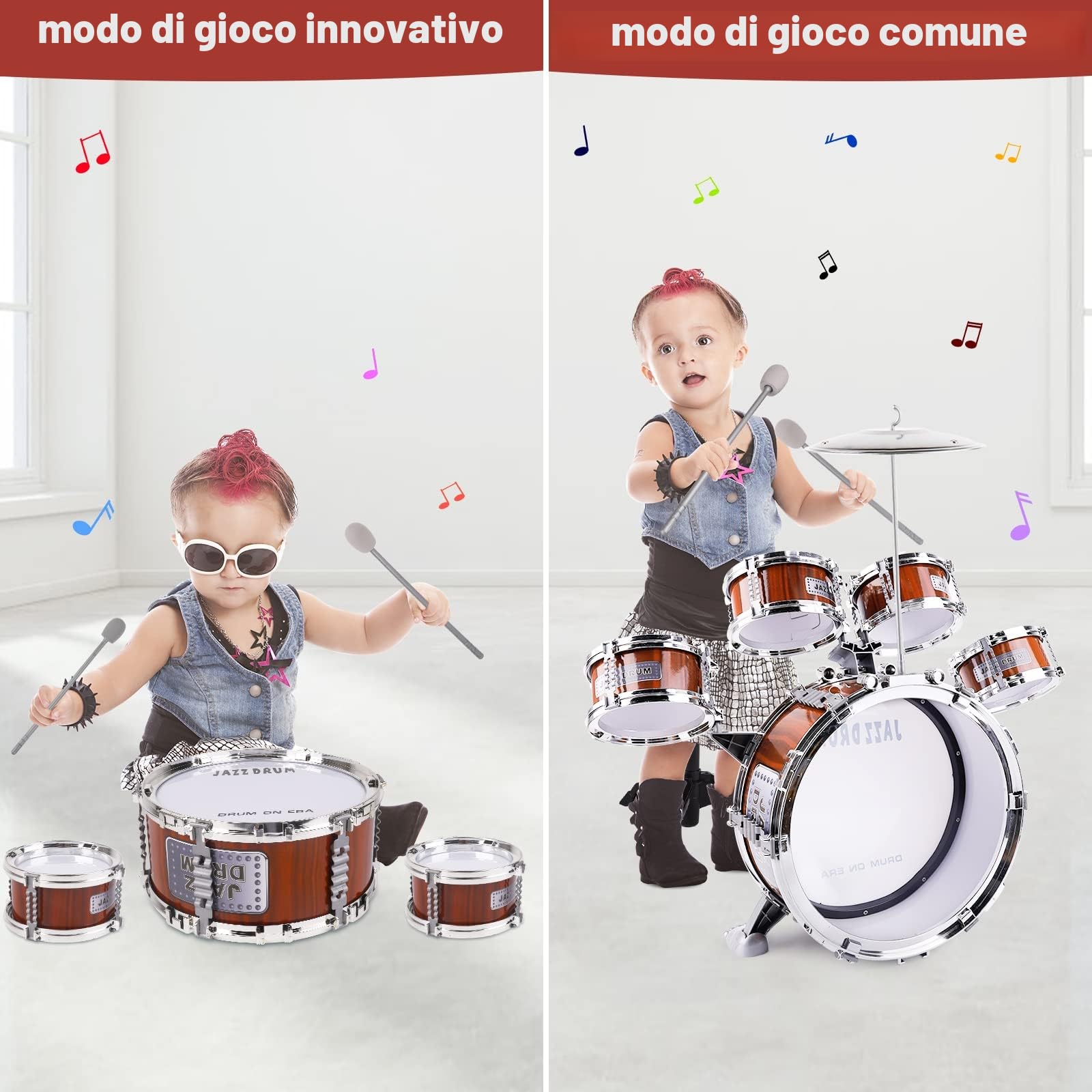 m zimoon Kit Batteria Jazz Per Bambini, 5 Tamburi Con Sgabello Pedale E Bacchette Per Principianti Strumento Musicale Percussione Giocattolo Vacanze Compleanno Regalo Educativo Per Ragazzi E Ragazze