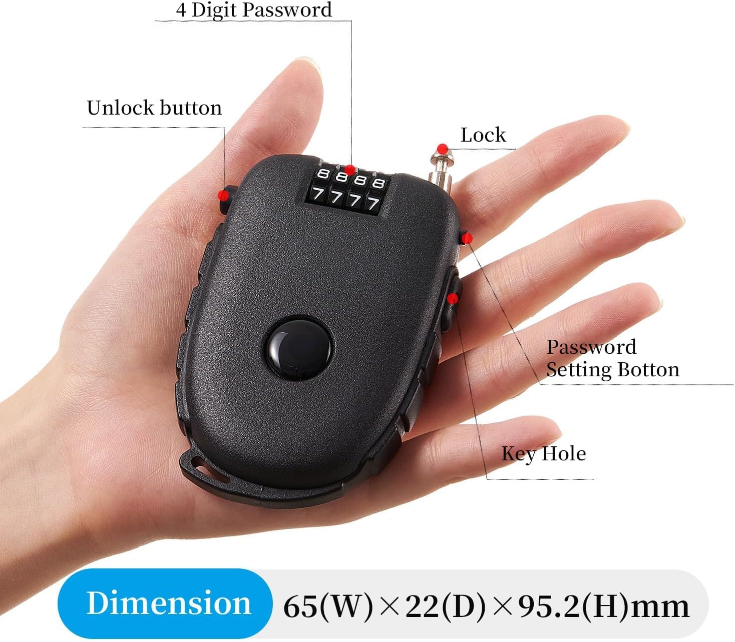 Retractable Cable Lock 27.5 in Cable Compact with Length Control Button Helmet Lock Skateboard Locks for Sports Gear Urban Commuting Scooter Security