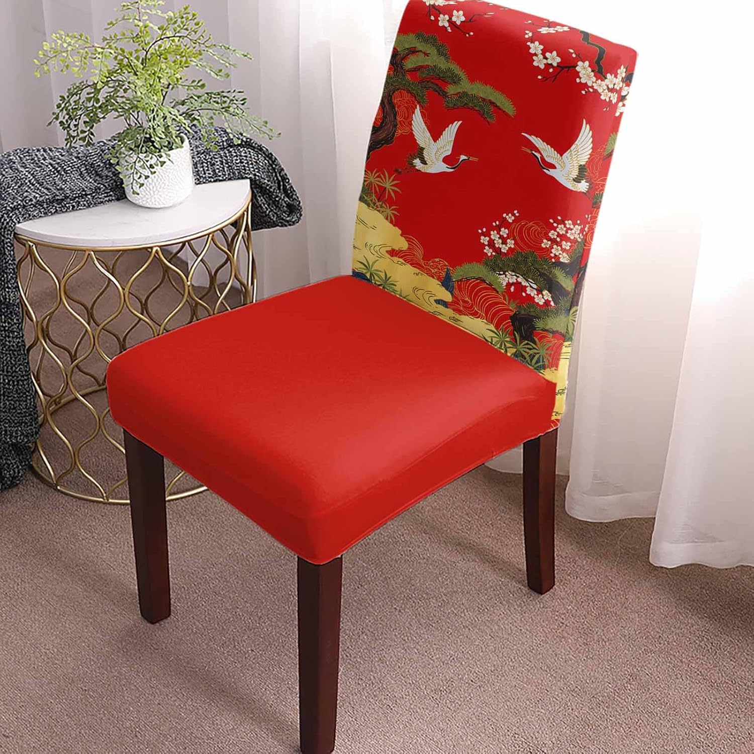 Chair Covers for Dining Room Set of 4,Retro Crane Pine Flower on Red Stretch Seat Protector Removable Washable Chairs Slipcovers for Kitchen Banquet Wedding Hotel,Asian Chinese Pastoral Scenic