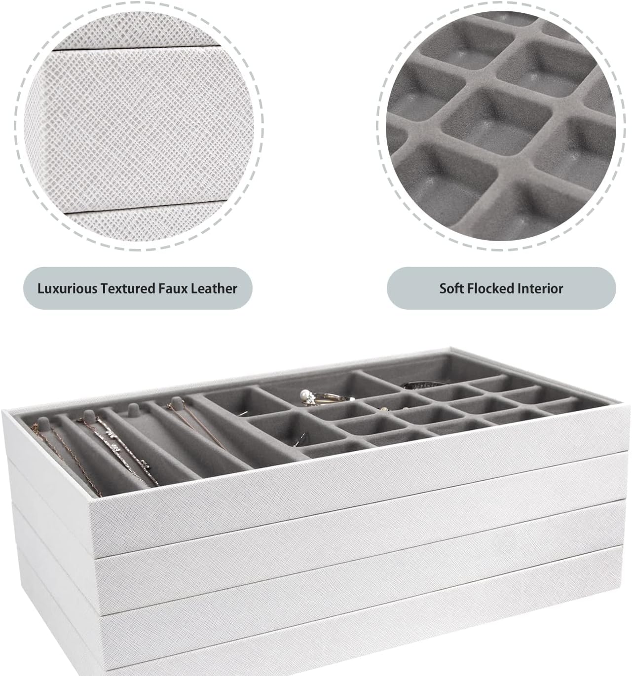JACKCUBE DESIGN Stackable Synthetic Leather Jewelry Trays Organizer Jewelry Storage Display Earring Necklace Bracelet Ring Organizer for Drawer (Set of 4, White)- MK212-2ABCD