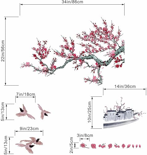 Miniatura 4 de Calcomanías de pared de flores de cerezo en acuarela, ramas de árbol de cerezo, pájaros, calcomanías de pared florales - Sala de estar, dormitorio,